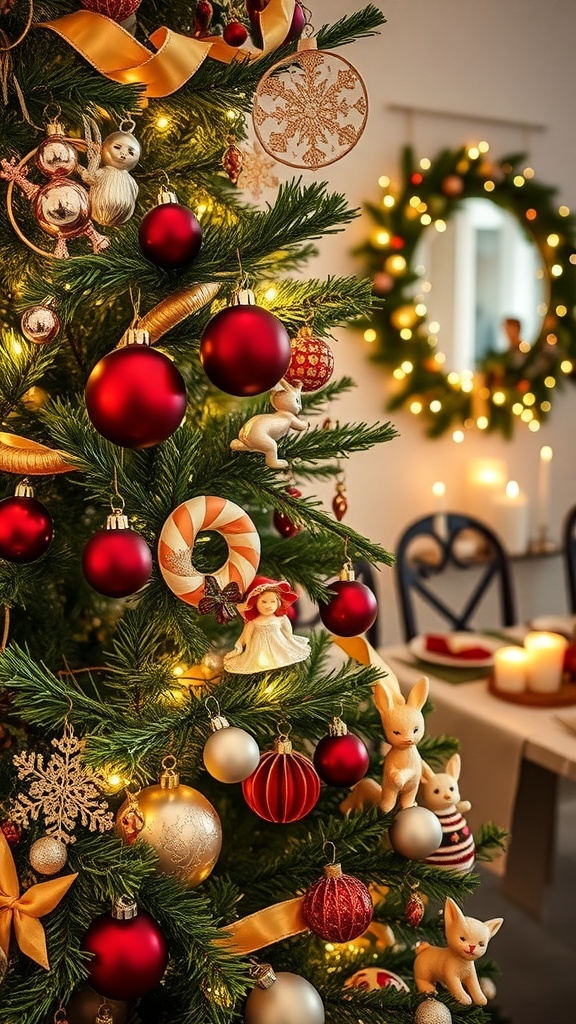 A Christmas tree decorated with Zara Home ornaments, featuring glass baubles and figurines, illuminated by warm lights.